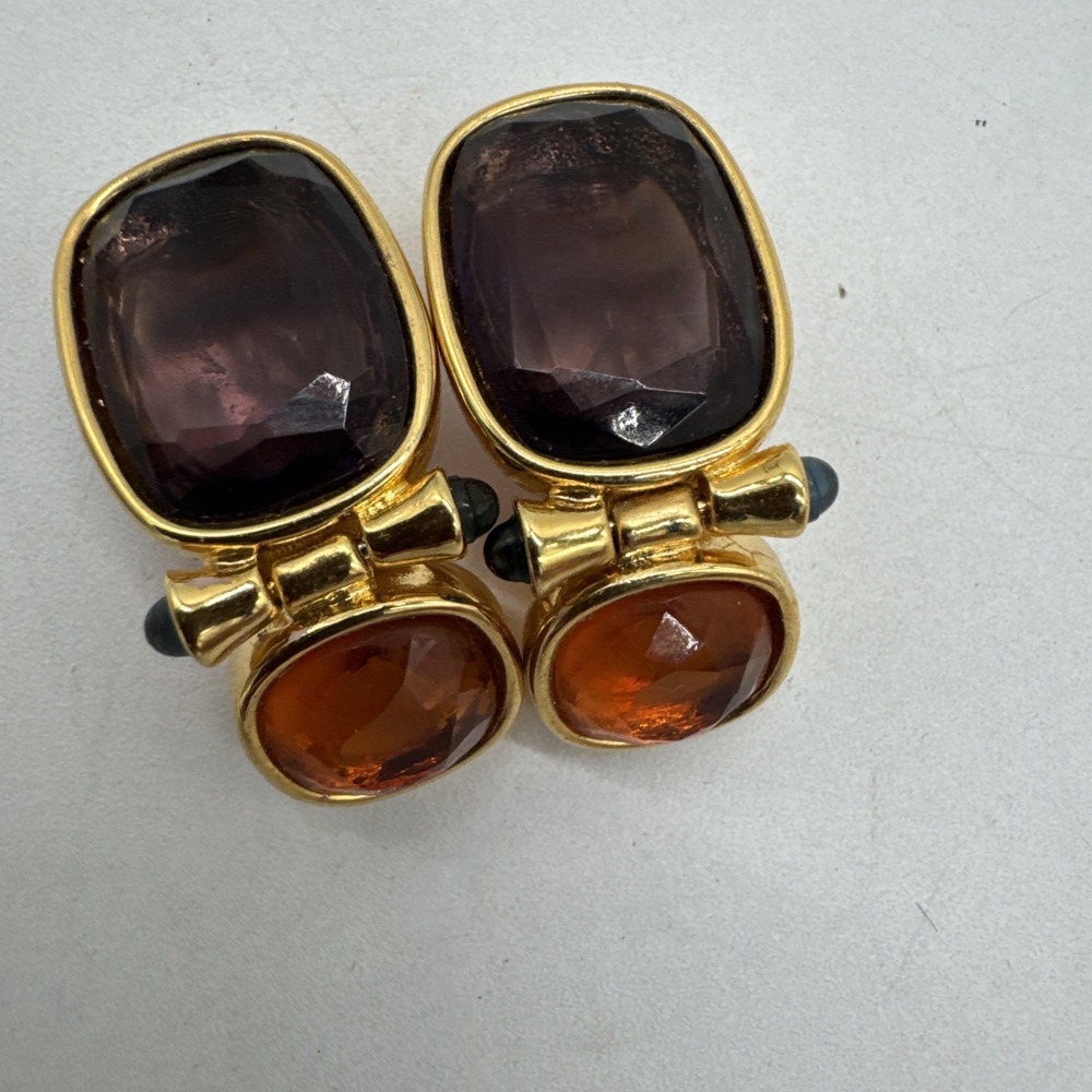 Vintage Scaasi Gold Tone Smoky Brown & Amber Glass Statement Clip On Earrings